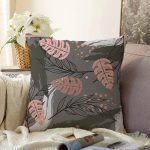 Koyu Renk Zeminde Soyut Yaprak Desenli Özel Tasarım Dijital Baskılı Modern Raşel Kadife Yastık Kırlent Kılıfı Realhomes