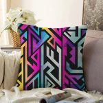Siyah Zeminde Renkli Geometrik Desenli Özel Tasarım Dijital Baskılı Modern Raşel Kadife Yastık Kırlent Kılıfı Realhomes