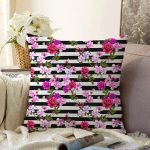 - Sonil-K3976-Gorsel - Realhomes Çizgili Zeminde Çiçekler Özel Tasarım Dijital Baskılı Modern Raşel Kadife Yastık Kırlent Kılıfı Realhomes