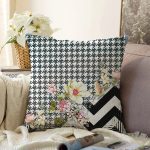 - Sonil-K3977-Gorsel - Realhomes Zikzak Ve Kaz Ayaklı Zeminde Çiçekler Özel Tasarım Dijital Baskılı Modern Raşel Kadife Yastık Kırlent Kılıfı Realhomes