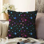 - Sonil-K3980-Gorsel - Realhomes Siyah Zeminde Pembe Mavi Yıldız Desenli Özel Tasarım Dijital Baskılı Modern Raşel Kadife Yastık Kırlent Kılıfı Realhomes