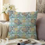 Kareli Zeminde Çiçek Motifli Özel Tasarım Dijital Baskılı Modern Raşel Kadife Yastık Kırlent Kılıfı Realhomes