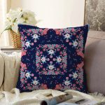 - Sonil-K4013-Gorsel - Realhomes  Lacivert Zeminde Çiçekli Etnik Desenler Özel Tasarım Dijital Baskılı Modern Raşel Kadife Yastık Kırlent Kılıfı Realhomes