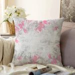 Gri Pembe Yaprak Motifli Özel Tasarım Dijital Baskılı Modern Raşel Kadife Yastık Kırlent Kılıfı Realhomes