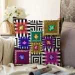 Geometrik Zeminde Rengarenk Motifli Özel Tasarım Dijital Baskılı Modern Raşel Kadife Yastık Kırlent Kılıfı Realhomes