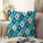 Denizci Temalı Çapa Dümen Gemi Figürlü Özel Tasarım Dijital Baskılı Modern Raşel Kadife Yastık Kırlent Kılıfı Realhomes