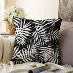 - Sonil-K4282-Gorsel - Realhomes Siyah Zeminde Beyaz Yaprak Tasarımlı Dijital Baskılı Raşel Kadife Yastık Kırlent Kılıfı Realhomes