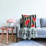 Çizgili Zemin Ve Karpuzlu Dijital Baskılı Dekoratif Raşel Kadife Yastık Kırlent Kılıfı Realhomes