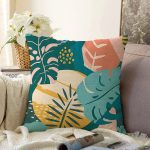 Renkli Yapraklar İllüstrasyon Tasarım Dijital Baskılı Dekoratif Raşel Kadife Yastık Kırlent Kılıfı Realhomes