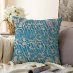 Mavi Zemin Geometrik Motifli Dijital Baskılı Dekoratif Raşel Kadife Yastık Kırlent Kılıfı Realhomes