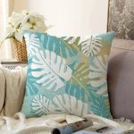 - Sonil-K6770-Gorsel - Realhomes  Mavi Zemin Yapraklı Tasarım Desenli Dijital Baskılı Dekoratif Raşel Kadife Yastık Kırlent Kılıfı Realhomes