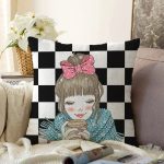 Dama Zeminli Kahve İçen Kız Motifli Dijital Baskılı Dekoratif Raşel Kadife Yastık Kırlent Kılıfı Realhomes
