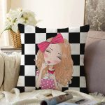 - Sonil-K9296-Gorsel - Realhomes Dama Zeminli Pancakeli Kız Desenli Dijital Baskılı Modern Raşel Kadife Yastık Kırlent Kılıfı Realhomes