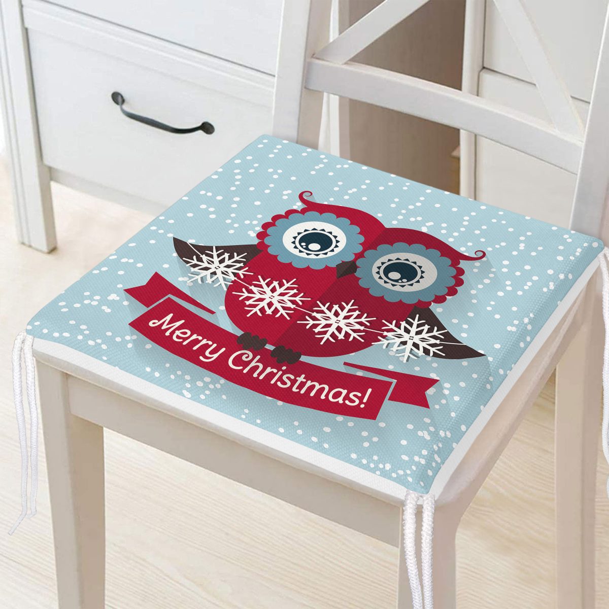 Mery Christmas Temalı Baykuş Çizimli Modern Fermuarlı Sandalye Minderi Realhomes