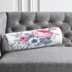 Lila Renk Begonya Motifli Dijital Baskılı İç Dolgulu - Fermuarlı Süet Berjer Silindir Yastık Kırlent Realhomes