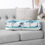 Mavi Yeşil Palmiye Çizimli Dekoratif İç Dolgulu - Fermuarlı Süet Silindir Rulo Yastık Kırlent Realhomes