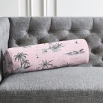 Pudra Renk Temalı Palmiye Adası Dijital Baskılı İç Dolgulu - Fermuarlı Süet Silindir Daire Yastık Kırlent Realhomes