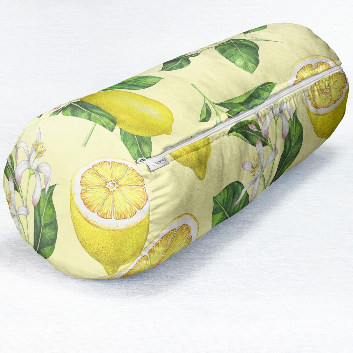 Krem Zeminli Limon Desenli Dekoratif İç Dolgulu Süet Silindir Yastık Kırlent - Bel Yastığı Realhomes