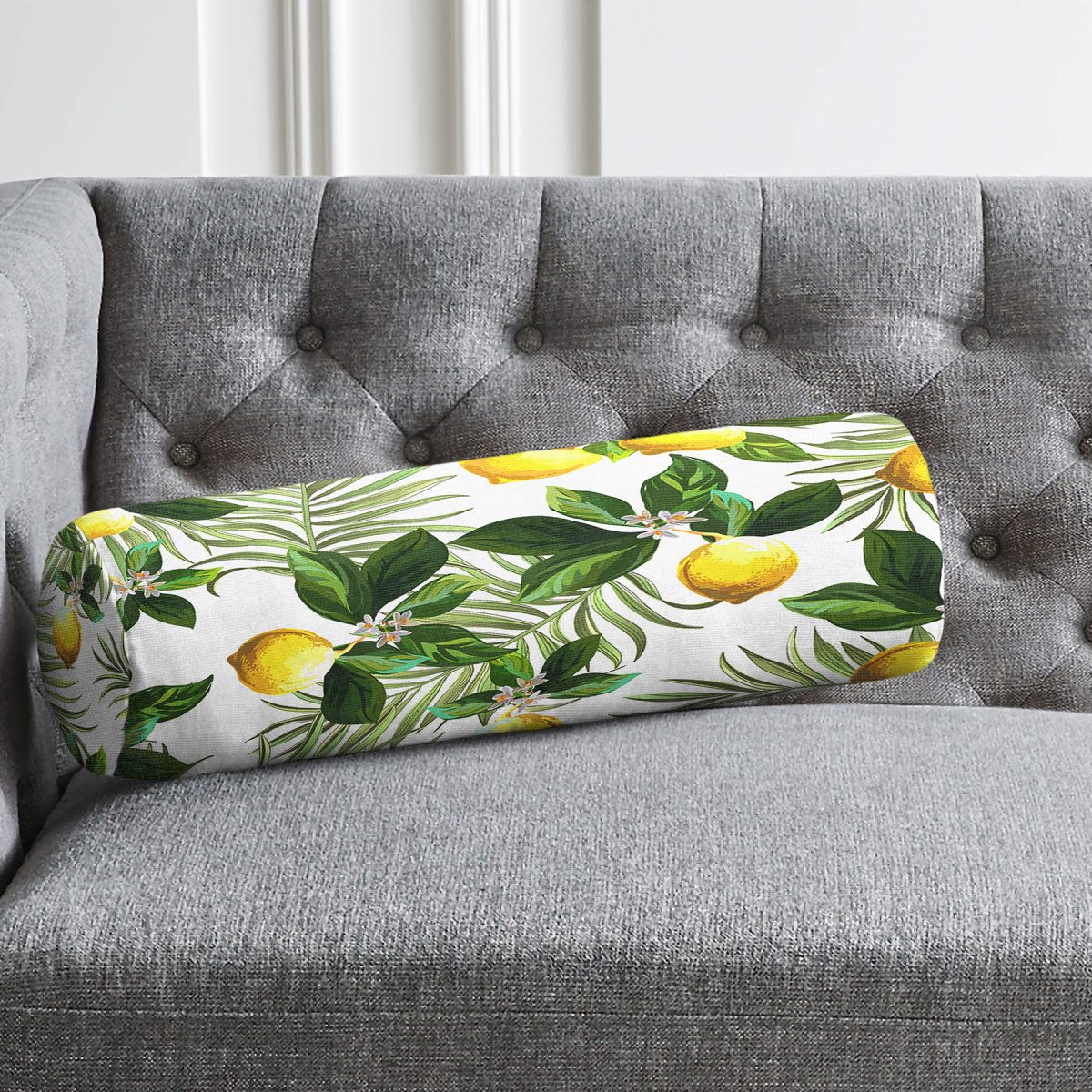 Limon Yaprakları Desenli Dijital Baskılı İç Dolgulu Yumuşak Silindir Form Yastık Kırlent Realhomes