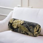 Siyah Zeminde Altın Yapraklar Desenli Dekoratif İç Dolgulu - Fermuarlı Süet Silindir Rulo Yastık Kırlent Realhomes