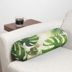 Ekru Zeminde Amazon Yaprakları Özel Tasarım İç Dolgulu - Fermuarlı Süet Silindir Daire Yastık Kırlent Realhomes