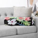 Siyah Zeminde Tropikal Desen Özel Tasarım Modern İç Dolgulu Fermuarlı Çok Amaçlı Silindir Yastık Kırlent Realhomes