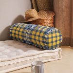 - RealHomes Özel Tasarımlı Dijital Baskılı İç Dolgulu Fermuarlı Silindir Yastık - Realhomes  Sarı Lacivert Modern Ekose Tasarımlı İç Dolgulu - Fermuarlı Süet Silindir Daire Yastık Kırlent Realhomes