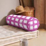 Lacivert Zeminde Geometrik Kare Motifli Dekoratif İç Dolgulu - Fermuarlı Süet Silindir Daire Yastık Kırlent Realhomes