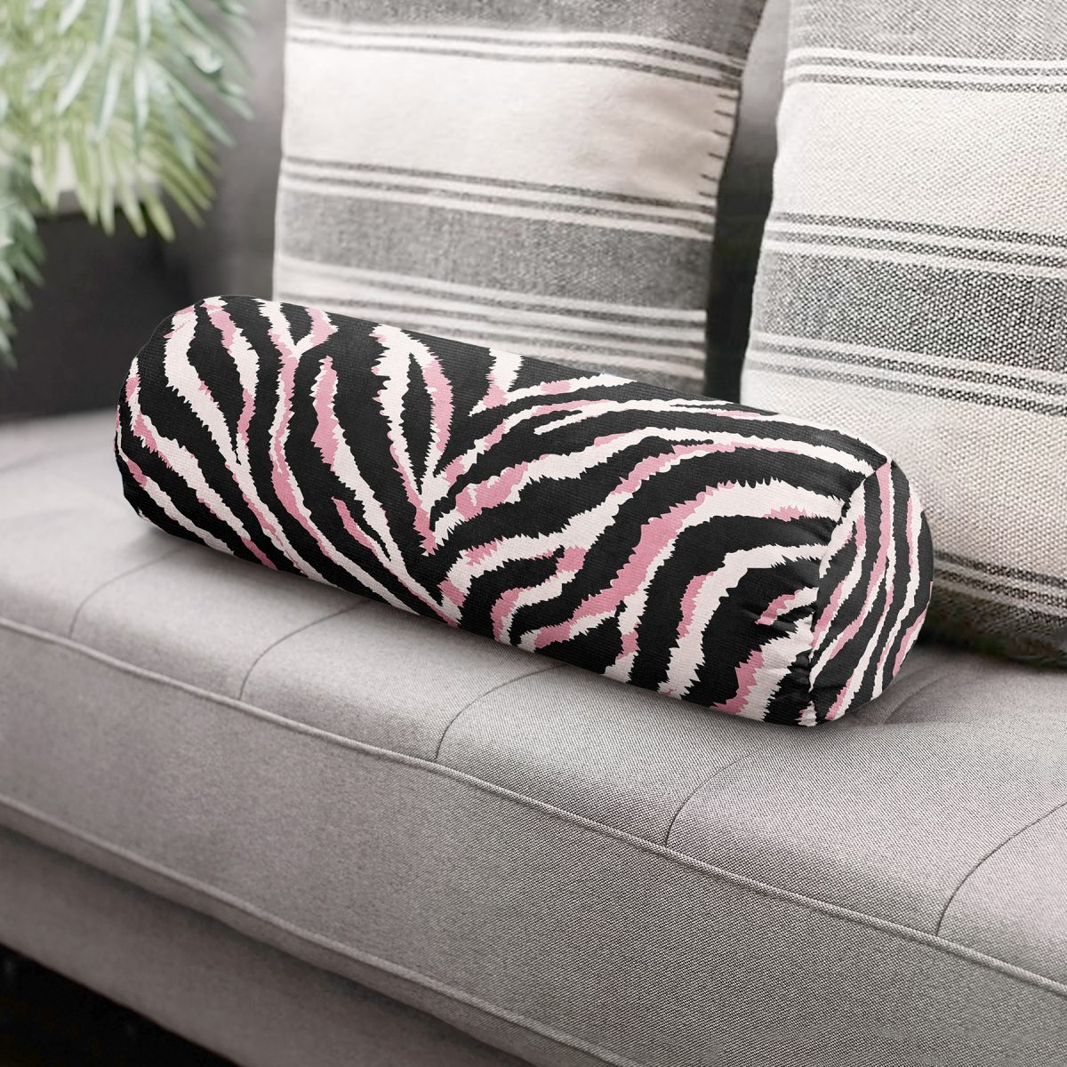 Siyah Pembe Zebra Desenli Özel Tasarım İç Dolgulu Fermuarlı Çok Amaçlı Silindir Yastık Kırlent Realhomes