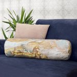 Gold Detaylı Soyut Çizimli Dijital Baskılı Modern İç Dolgulu - Fermuarlı Süet Berjer Silindir Yastık Kırlent Realhomes