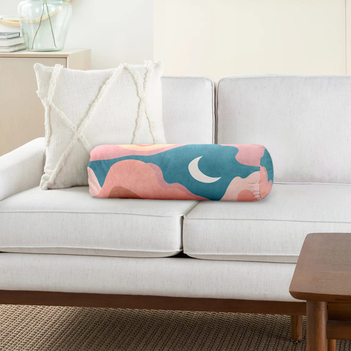 Pastel Renkli Zemin Üzerinde Ay Güneş Temalı Dijital Baskılı Modern İç Dolgulu Yumuşak Silindir Form Yastık Kırlent Realhomes