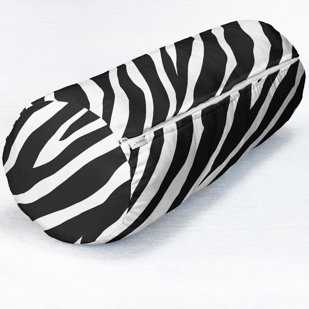 Beyaz Zemin Üzerinde Zebra Desenli Dijital Baskılı Modern İç Dolgulu - Fermuarlı Süet Berjer Silindir Yastık Kırlent Realhomes