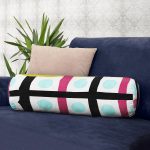 Beyaz Zeminde Modern Renkli Çizgili Puantiye Desenli Dijital Baskılı Modern İç Dolgulu - Fermuarlı Süet Silindir Daire Yastık Kırlent Realhomes
