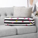 Beyaz Zeminde Modern Siyah Çizgili Renkli Puantiyeli Dijital Baskılı Modern İç Dolgulu - Fermuarlı Süet Silindir Yuvarlak Yastık Kırlent Realhomes