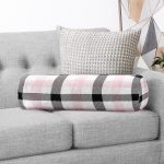 Beyaz Zemin Üzerinde Siyah Ekose Desenli Dijital Baskılı Modern İç Dolgulu - Fermuarlı Süet Silindir Yuvarlak Yastık Kırlent Realhomes