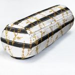 Beyaz Zeminde Siyah Çizgili Gold Detaylı Yaprak Desenli Modern İç Dolgulu - Fermuarlı Süet Silindir Yuvarlak Yastık Kırlent Realhomes