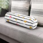 Beyaz Zeminde Siyah Çizgili Renkli Yıldız Desenli Dijital Baskılı Modern İç Dolgulu - Fermuarlı Süet Berjer Silindir Yastık Kırlent Realhomes