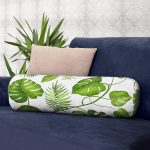 - RealHomes Özel Tasarımlı Dijital Baskılı İç Dolgulu Fermuarlı Silindir Yastık - Realhomes Beyaz Zemin Üzerinde Yeşil Yaprak Desenli Dijital Baskılı Modern İç Dolgulu Süet Silindir Yastık Kırlent - Bel Yastığı Realhomes