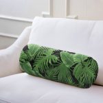 Siyah Zemin Üzerinde Yeşil Yaprak Desenli Dijital Baskılı Modern İç Dolgulu - Fermuarlı Süet Silindir Daire Yastık Kırlent Realhomes