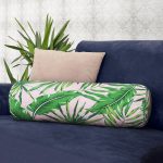 Renkli Zemin Üzerinde Yaprak Desenli Dijital Baskılı Modern İç Dolgulu - Fermuarlı Süet Berjer Silindir Yastık Kırlent Realhomes