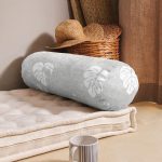 Gri Zemin Üzerinde Beyaz Yaprak Desenli Dijital Baskılı Modern İç Dolgulu - Fermuarlı Süet Silindir Yuvarlak Yastık Kırlent Realhomes
