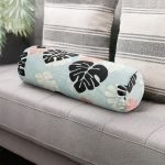 Renkli Zemin Üzerinde Siyah Yaprak Desenli Dijital Baskılı Modern İç Dolgulu Süet Silindir Yastık Kırlent - Bel Yastığı Realhomes