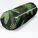 Siyah Zemin Üzerinde Yaprak Desenli Dijital Baskılı Modern İç Dolgulu - Fermuarlı Süet Silindir Yuvarlak Yastık Kırlent Realhomes