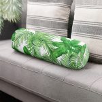 Beyaz Zemin Üzerinde Yeşil Yaprak Desenli Dijital Baskılı Modern İç Dolgulu - Fermuarlı Süet Silindir Yuvarlak Yastık Kırlent Realhomes