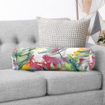 Beyaz Zemin Üzerinde Yaprak Desenli Dijital Baskılı Modern İç Dolgulu - Fermuarlı Süet Berjer Silindir Yastık Kırlent Realhomes