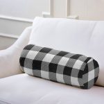 Beyaz Zemin Üzerinde Siyah Ekose Desenli Dijital Baskılı Modern İç Dolgulu - Fermuarlı Süet Berjer Silindir Yastık Kırlent Realhomes