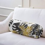 - RealHomes Özel Tasarımlı Dijital Baskılı İç Dolgulu Fermuarlı Silindir Yastık - Realhomes  Beyaz Zeminde Gold Detaylı Siyah Yaprak Desenli Modern İç Dolgulu - Fermuarlı Süet Silindir Yuvarlak Yastık Kırlent Realhomes