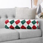 Beyaz Zemin Üzerinde Bordo Ve Yeşil Ekose Desenli Dijital Baskılı Modern İç Dolgulu - Fermuarlı Süet Silindir Yuvarlak Yastık Kırlent Realhomes