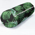 Siyah Zemin Üzerinde Yeşil Yaprak Desenli Dijital Baskılı Modern İç Dolgulu - Fermuarlı Süet Berjer Silindir Yastık Kırlent Realhomes