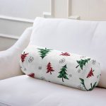 Beyaz Zemin Üzerinde Ekoseli Çam Ağacı Desenli Dijital Baskılı Modern İç Dolgulu - Fermuarlı Süet Silindir Daire Yastık Kırlent Realhomes